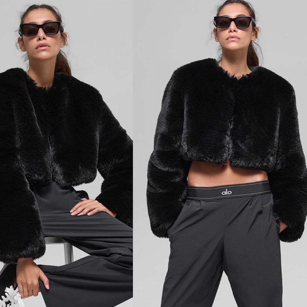 New $328 ALO Yoga Faux Fur Chic Cropped Jacket Coat Black NWT Current 2026
